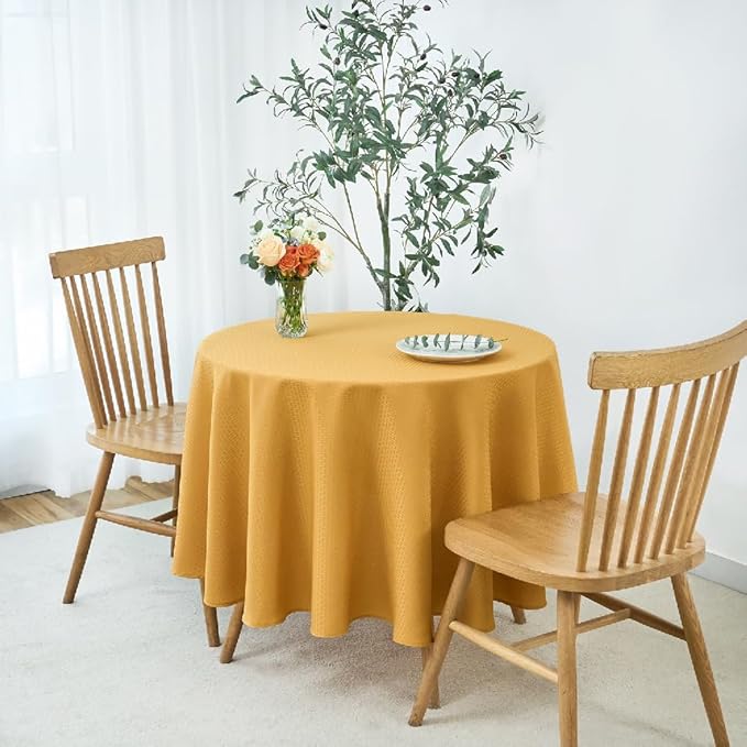 maxmill Round Weaved Texture Design Tablecloth Spill-Proof Wrinkle Free Soft Washable Table Cloth for Circular Table Cover, for Dining Room Banquet Parties Holiday Dinner, 70 Inch Ochre Yellow
