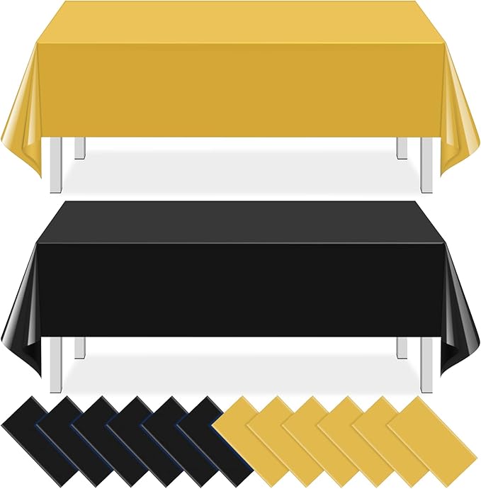 12 Pcs Black and Gold Plastic Tablecloths Bulk,54 x 108 Inch Disposable Rectangle Party Table Cloth Waterproof Table Cover for Birthday Wedding Anniversary Graduation Party Decorations Supplies