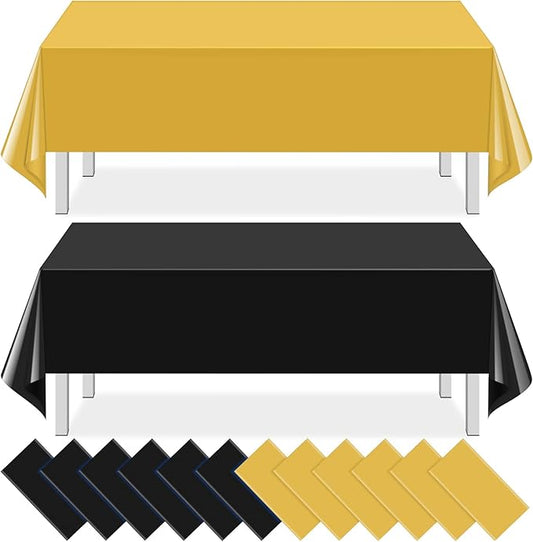12 Pcs Black and Gold Plastic Tablecloths Bulk,54 x 108 Inch Disposable Rectangle Party Table Cloth Waterproof Table Cover for Birthday Wedding Anniversary Graduation Party Decorations Supplies