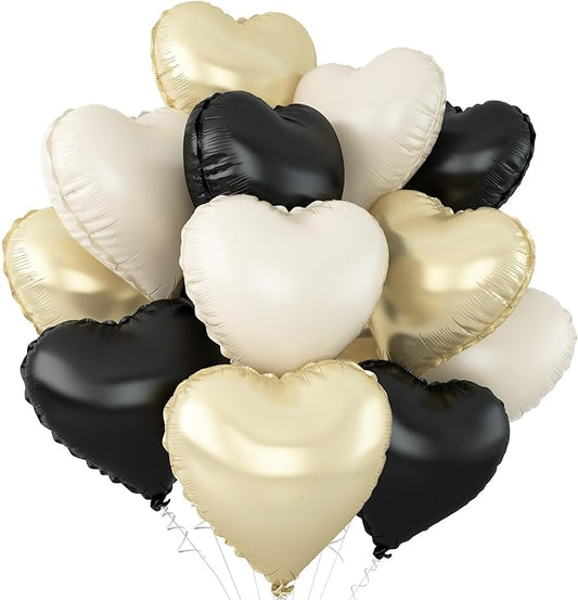 Black White Gold Heart Balloons,12Pcs 18Inch Black Cream White Champagne Gold Heart Shaped Foil Helium Balloons for Birthday Anniversary Wedding Engagement Party Decorations