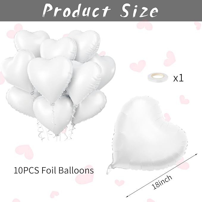 Biapian White Heart Balloons Helium, 10PCS White Foil Heart Shape Balloons Valentines 18inch Metallic White Foil Balloon for Helium Valentine Decorations for White Wedding, Brithday Party, Anniversary
