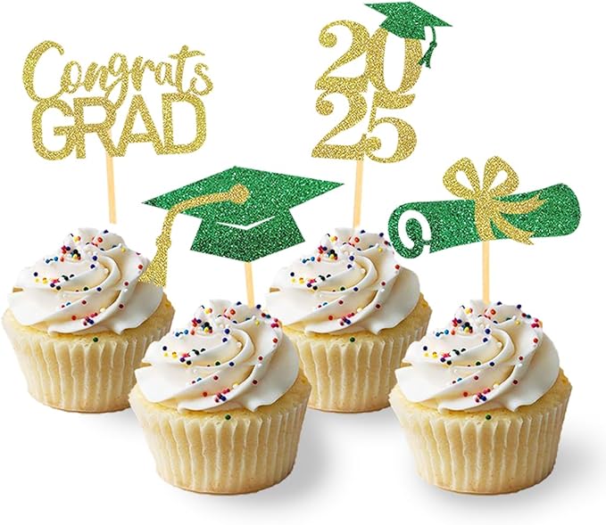24Pcs Graduation Cupcake Toppers, Graduation Cupcake Picks for Cupcake Food Decorations - Class of 2025 Cupcake Toppers Supplies (Green Gold)