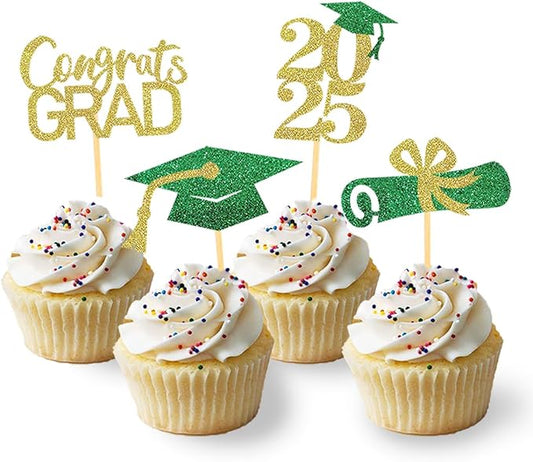 24Pcs Graduation Cupcake Toppers, Graduation Cupcake Picks for Cupcake Food Decorations - Class of 2025 Cupcake Toppers Supplies (Green Gold)