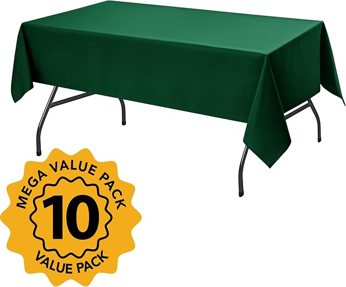 10-Pack Hunter Green Tablecloths for Rectangle Tables, 54 x 108 Inches, Stain-Resistant Polyester Fabric for 6 Foot Tables - Washable Table Covers for Weddings, Birthday Parties, Events