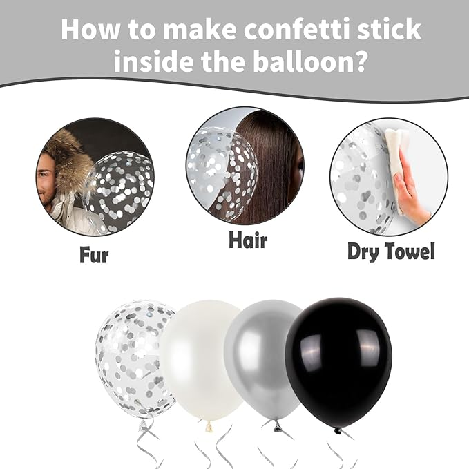 Black and Silver Balloons, Metallic Silver and Black Balloons Pearl Silver Confetti Balloons Party Balloons Chrome Latex Balloons for Kids Adults Birthday Wedding Baby Shower Graduation