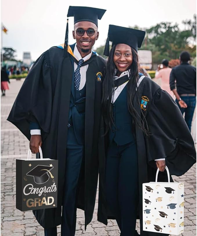12 Pieces Graduate Gift Bags, Graduation Party Favor Gifts Wrapping Bags for Graduation Season Theme Party Supplies Decoration (Black Gold)