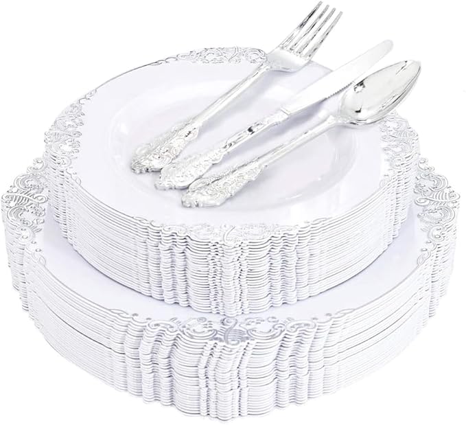 Liacere 150PCS Silver Plastic Plates with Silver Cutlery - Disposable Plastic Plates Include 30Dinner Plate, 30Dessert Plate, 30Knives, 30Spoons, 30Forks - Ideal for Wedding&Christmas