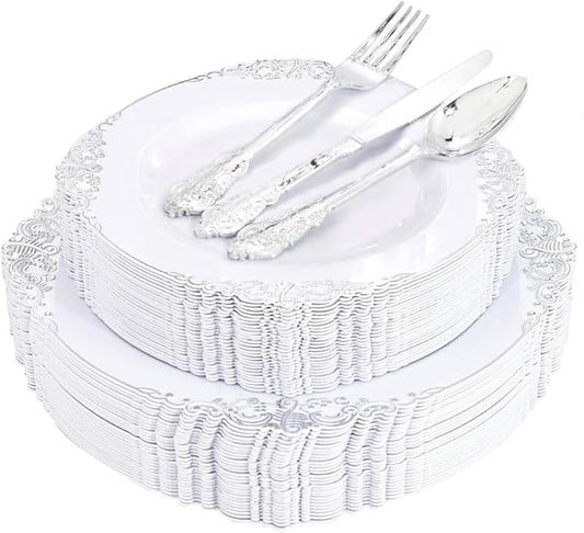 Liacere 150PCS Silver Plastic Plates with Silver Cutlery - Disposable Plastic Plates Include 30Dinner Plate, 30Dessert Plate, 30Knives, 30Spoons, 30Forks - Ideal for Wedding&Christmas