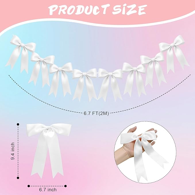 1 String of 8PCS White Bow Garland Banner Decoration,Pre-Strung Satin Ribbon Ornaments for Birthday,Bachelorette Party,Bridal Shower,Wedding, Engagement,Baby Shower,Graduation Decor,Anniversary