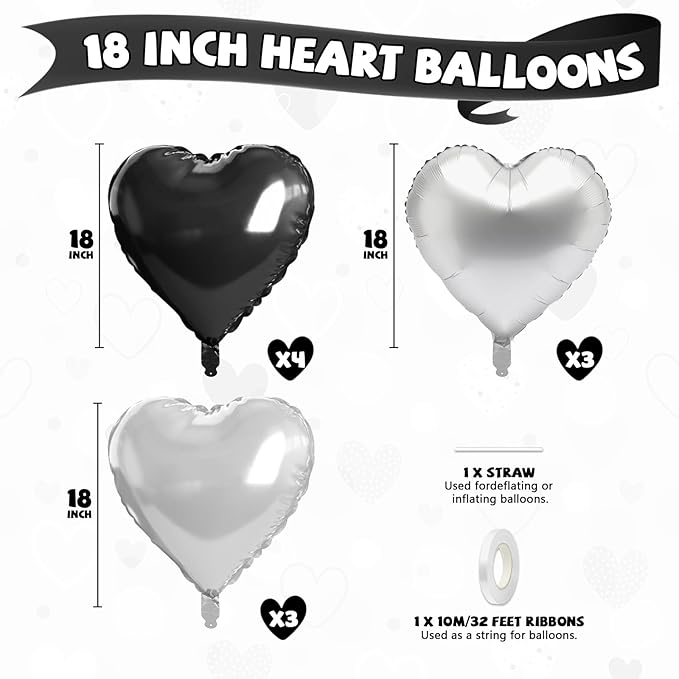 Black Silver Heart Balloons, 10 Pcs 18 Inch Metallic Silver Black Heart Shaped Balloon Foil Balloons Helium for Boys Men Brithday Bridal Baby Shower Valentines Day Halloween Party Decorations
