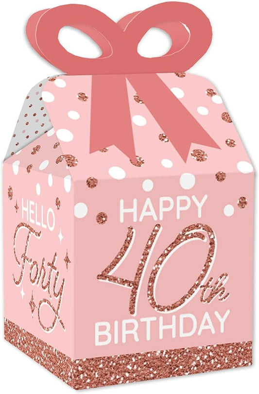 Big Dot of Happiness 40th Pink Rose Gold Birthday - Square Favor Gift Boxes - Happy Birthday Party Bow Boxes - Set of 12