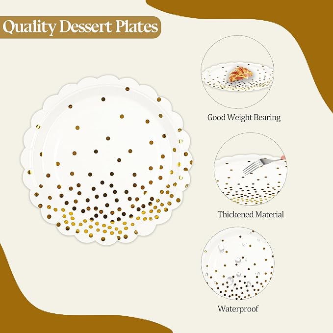 90PCS White and Gold Paper Plates Napkins Party Supplies,7Inch Scalloped Gold Dot Paper Dessert Plates and Napkins Set Disposable Birthday Cake Plate Tableware Party Supplies for Wedding