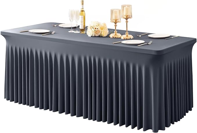 1 Pack Grey Table Clothes for 8 Foot Rectangle Tables, One-Piece Wrinkle Resistant Stretch Spandex Table Covers with Skirt for Event Banquet Wedding Birthday Party