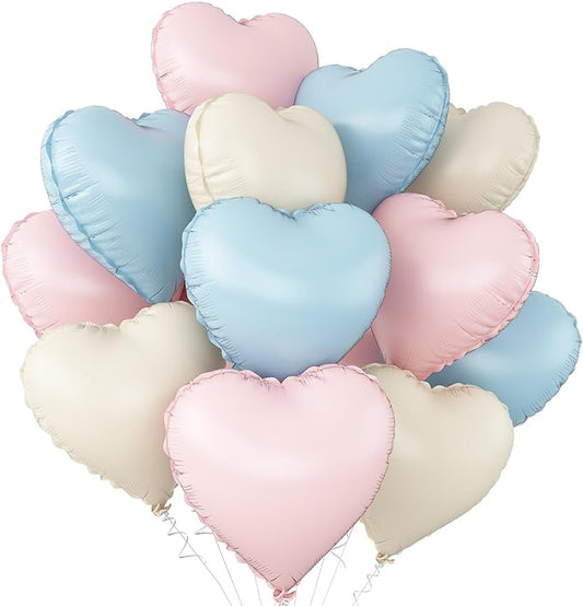 Pink Blue Heart Balloons,12Pcs 18Inch Cream White Baby Pink Blue Heart Shaped Foil Helium Balloons for Baby Shower Birthday Anniversary Wedding Gender Reveal Party Decorations