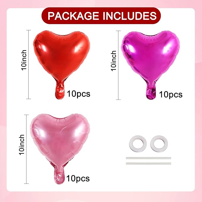 TONIFUL 30Pcs 10 Inch Heart Balloons Valentine’s Day Red Pink Hot Pink Heart Shape Foil Mylar Balloons Decoration for Valentine's Day Wedding Bridal Shower Anniversary Engagement Party Supplies