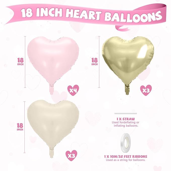 Baby Pink Gold Heart Balloons, 10 Pcs Light Gold Cream Heart Shaped Balloon, 18 Inch Light Pink Sand White Foil Balloons for Girls Women Brithday Bridal Baby Shower Wedding Valentines Party Decoration