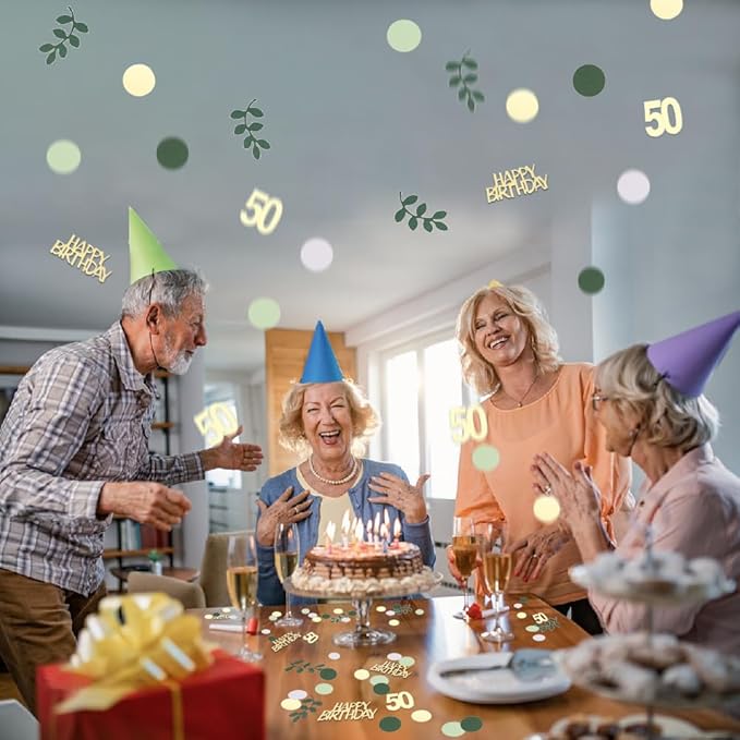 Sage Green 50th Happy Birthday Confetti, 50th Birthday Table Decorations Scatter Green Gold Foil Cake Confetti Decorations for 50 Bday Women Men Party Decor 230 Pcs