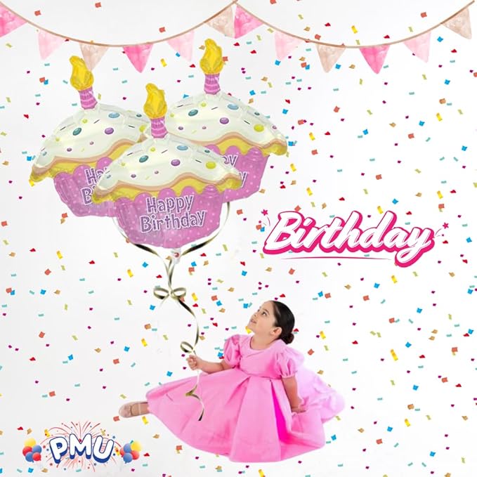 PMU Happy Birthday Pink Cupcake Shape 18 Inch Mylar-Foil Balloon Pkg/10