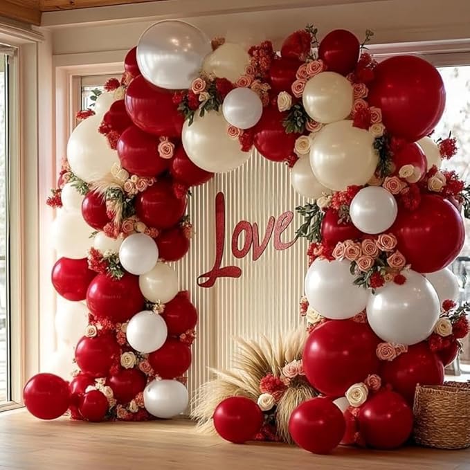 Red White Balloon Garland Double Stuffed Dark Red Pearl White Balloon Arch Kit Burgundy Balloons for Christmas New Year Birthday Wedding Bridal Shower Engagement Party Decorations