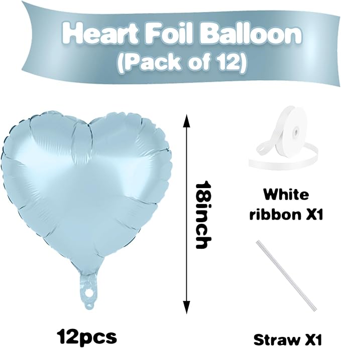 Baby Blue Heart Balloons,12Pcs 18 Inch Pastel Blue Foil Love Heart Shaped Balloons for Light Blue Birthday Party Wedding Engagement Anniversary Baby Shower Valentines Day Decorations