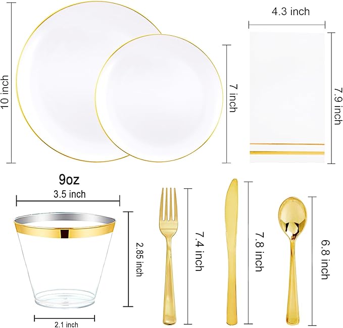 Festiva 350Pcs Gold Plastic Plates - White and Gold Dinnerware Set Disposable include 10" & 7" Plates,Cups,Silverware,Napkins -serve 50 Guests Perfect for Wedding& Chritmas &Thanksgiving Party