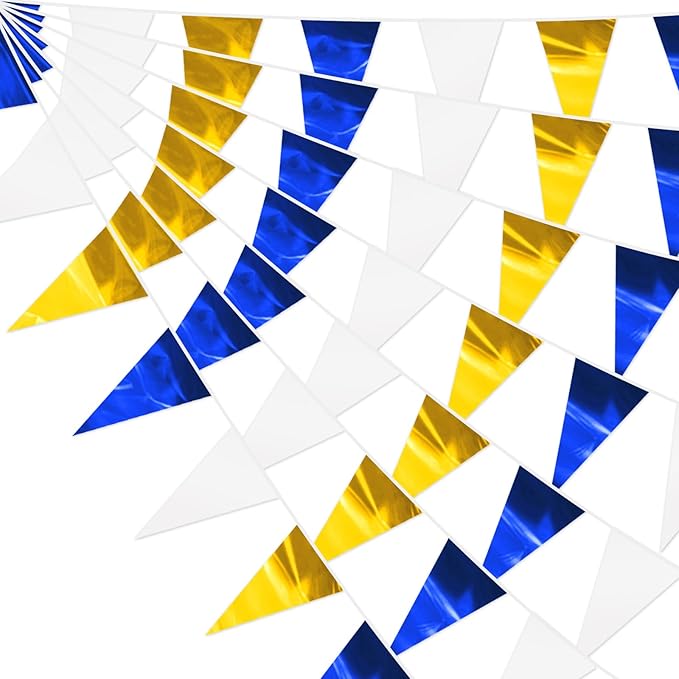 32.8FT Navy-Blue White Gold Glitter Triangle Pennant Banner Flag Metallic Bunting Fabric Garland for Christmas Graduation Retirement Wedding Bridal Shower Nautical Ahoy Achor Party Decorations Decor