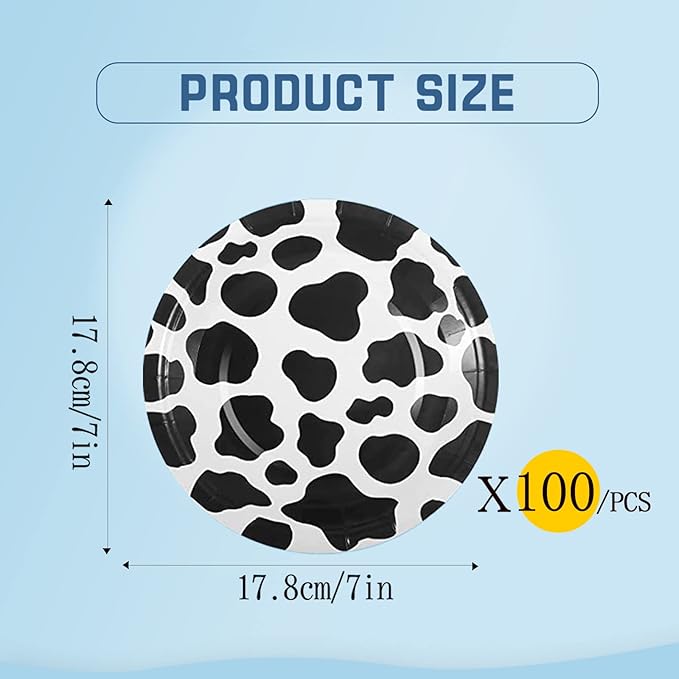 100 Pcs Cow Print Plates 7 Inch Cow Print Paper Party Supplies Disposable Dinner Dessert Plate Cow Theme Birthday Party Baby Shower Picnic Decorations (White)