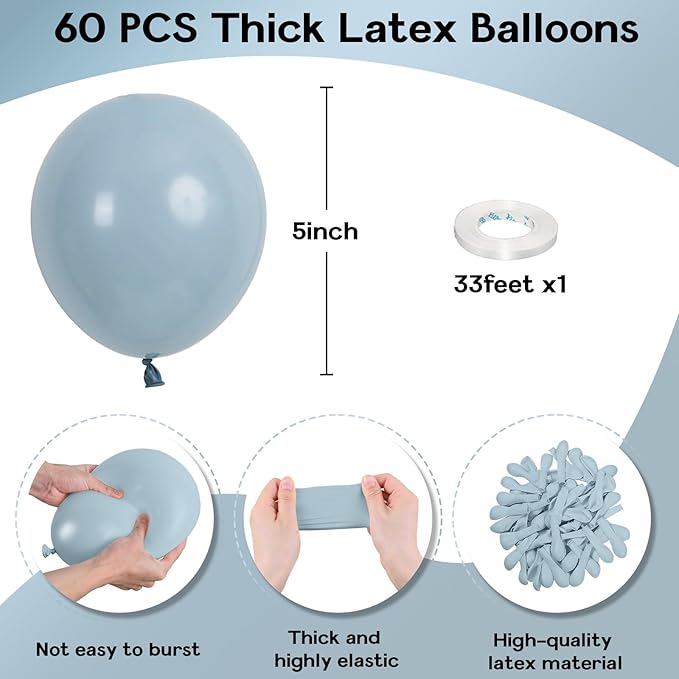 Blue Balloons 5 Inch, 60Pcs Small Pale Muted Blue Aqua Balloon 5'' Mini Matte Dusty Retro Powder Light Blue Helium Latex Balloons for Birthday Boho Baby Shower Bachelorette Party Decorations