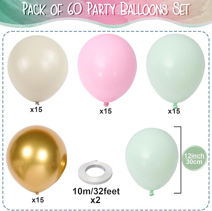 Pink and Green Balloons Pastel Green Pink White Sand Gold Metallic Balloons Nut Sugar Fairy Theme Balloon Set for Winter Wonderland Snow Ice Spring Birthday Christmas Baby Shower Party Decorations