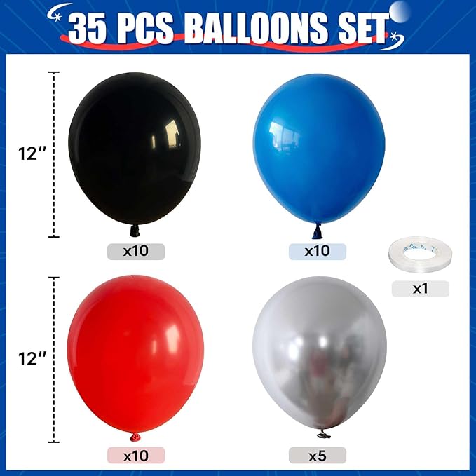 Red Blue Black Balloons, 12Inch Red Blue Black and Silver Balloon for Boys Party Kids Theme Birthday Baby Shower Graduation Party Decorations