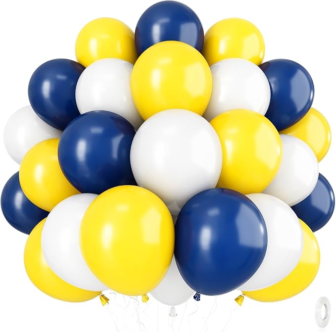 Navy Blue Yellow White Balloons, 12 Inch Navy Yellow Party Dark Yellow Latex Balloons Set for Boys Men Birthday Wedding Baby Shower Graduation Anniversary Decorations Is-02