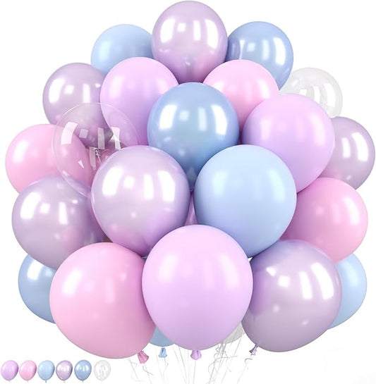 Pink Blue Purple Balloon, 50 Pcs 12 Inches Pastel Latex Balloons, Pearl Pink Purple Blue Iridescent Balloon for Girls Mermaid Winter Baby Shower Birthday Party Supplies