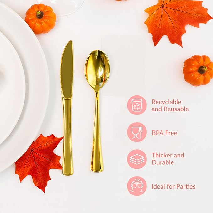 Prestee 120 Cutlery Set - Gold Plastic Silverware Set of 40 Forks, 40 Spoons, 40 Knives - Heavy Duty Plastic Utensils and Disposable Flatware - Elegant Knives Spoons and Forks Set for Events