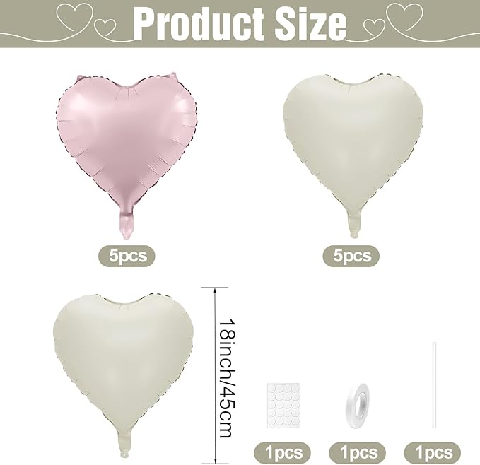 Pink White Heart Balloons,10Pcs Cream Baby Pink Foil Heart Shaped Balloons,18Inch Sand White Helium Balloon for Valentines,Engagement,Birthday,Baby Shower,Wedding Party Decorations