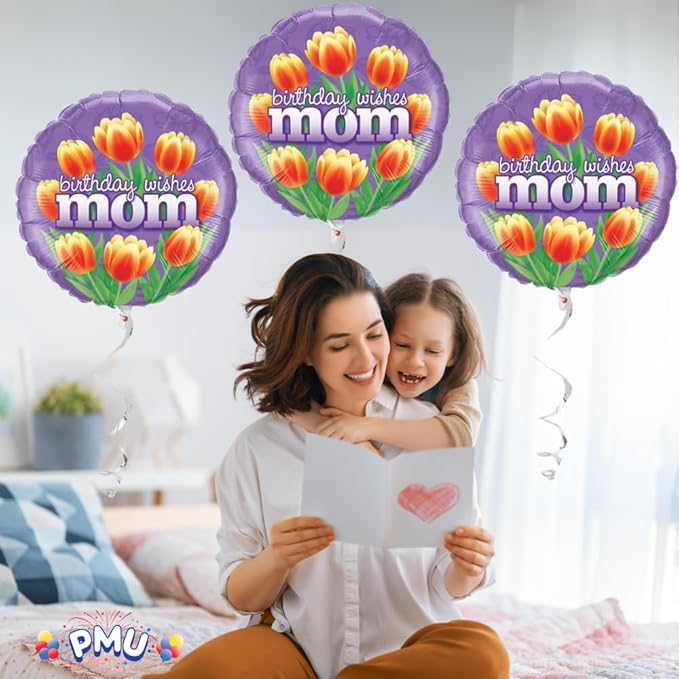 PMU Birthday Wishes Mom Tulips 18 Inch Mylar-Foil Balloon Pkg/5