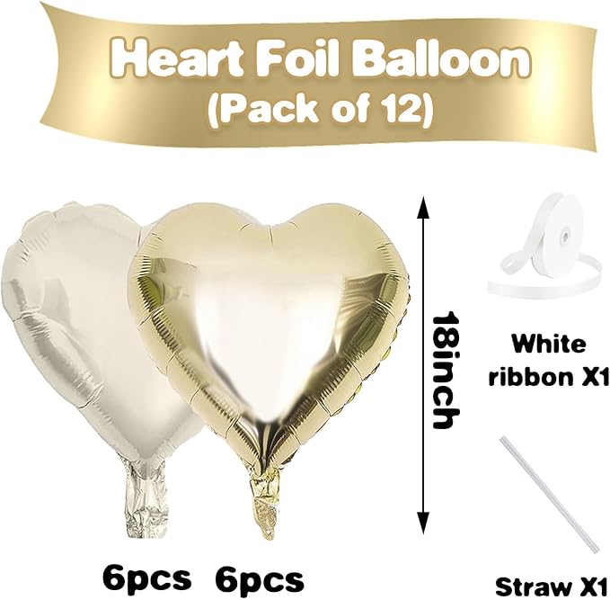 Champagne Gold Cream Heart Balloons,12Pcs 18 Inch Beige Foil Love Heart Shaped Balloons for Birthday Party Wedding Engagement Anniversary Graduation Baby Shower Valentines Day Decorations
