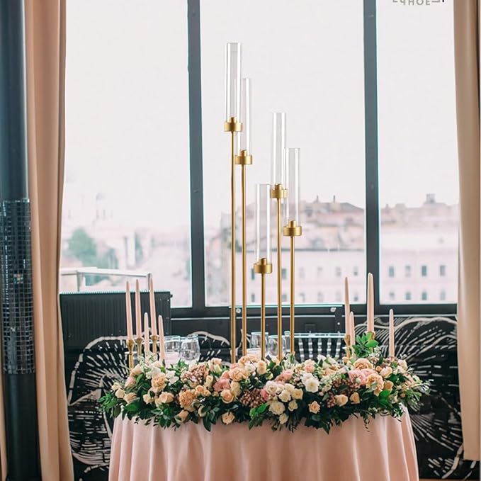 39.4'' Tall Gold Floor Candelabra，Set of 8PCS 5 Arm Candle Holder Tall Floor Candle Holder with Acrylic Lampshade for Wedding Table Birthday Party Home Decoration Fit LED Taper Candles