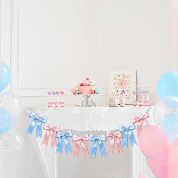 1 String of 8PCS Baby Pink&Baby Blue Bow Garland Banner Decoration,Pre-Strung Satin Ribbon Ornaments for Gender Reveal Party,Baby Shower,Birthday,Bridal Shower,Graduation Decor,Anniversary,Wedding