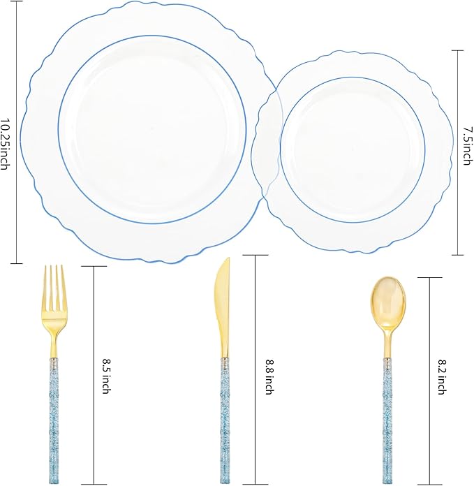 Liacere 150PCS Clear and Blue Plastic Plates-Clear and Blue Disposable Plates with Glitter Bamboo Handle Cutlery-60 Baroque Elegant Plates, 30 Forks, 30 Spoons, 30 Knives for Wedding＆Back to School