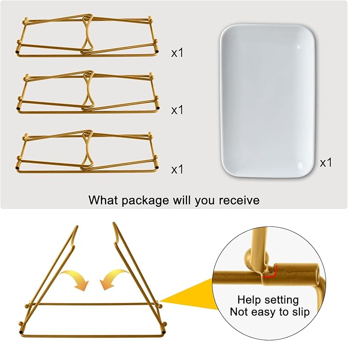 HAPPY KIT 3 Tier Serving Tray Set with Gold Freely Combinable Rack,12 Inch Tiered Tray Stand,Widened Porcelain Platters,Decor Cupcake Stand for Christmas Party Display,Dessert Trays Collapsible