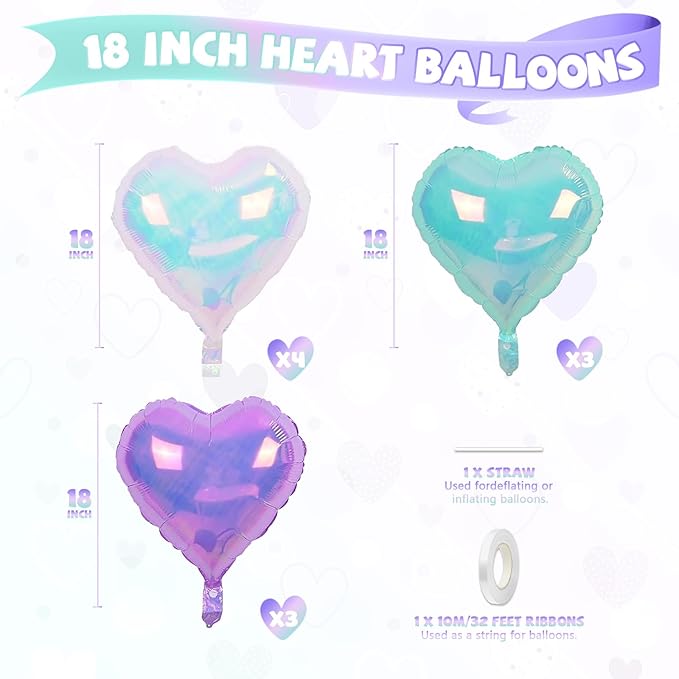 Iridescent Heart Balloons, 10 Pcs Crystal Heart Shaped Balloon, 18 Inch Transparent Gradient Blue Purple Foil Balloons for Engagement Brithday Baby Shower Wedding Valentines Mermaid Party Decoration