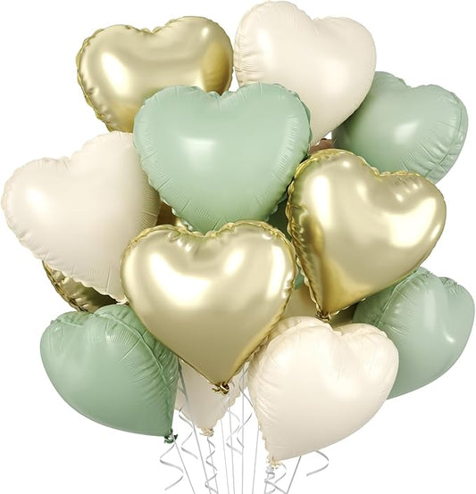 Sage Green Gold Heart Balloons, 10 Pcs Light Gold Cream Heart Shaped Balloon, 18 Inch Olive Green Sand White Foil Balloons for Jungle Safari Brithday Baby Shower Wedding Valentines Party Decoration