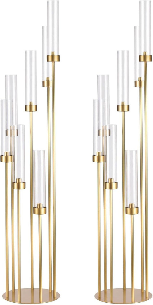2Pcs Gold 7 Arm Candelabra Candle Stand for Wedding, Metal Candlestick Holder with Acrylic Lampshade for Theme Party Table Centerpieces Wedding Holiday Birthday Party (48Inch) Fit LED Taper Candles