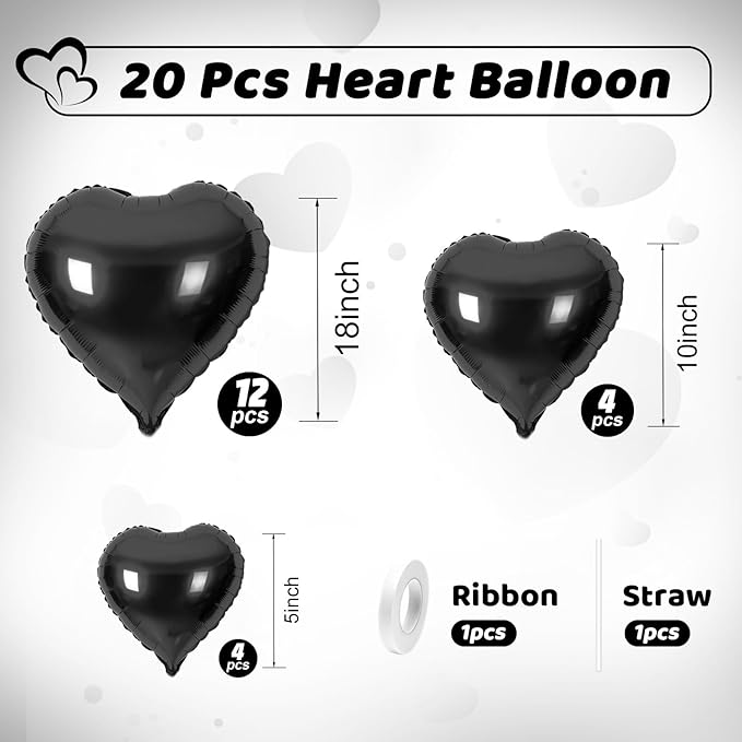 Black Heart Balloons, Heart Shaped Ballons, 20 Pcs 5/10/18 inch Different Sizes Black Foil Love Balloons for Valentine's Day Decorations Wedding Engagement Bridal Showers Anniversary Celebrations