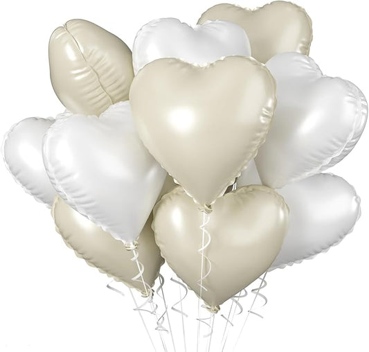 Biapian Cream Heart Balloons, 18 Inch Sand White Heart Shape Balloons Foil, 10 Pcs Beige Heart Balloons and White Foil Balloons Helium for Valentines Day Boho Birthday Wedding Baby Shower Decorations