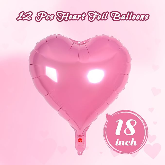 12 Pcs Heart Balloons,18 inch Pink Heart Foil Balloons Love Balloon Valentine Balloon for Birthday Party Wedding Engagement Party Baby Shower Valentine Day Decorations (pink)