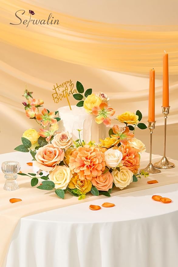 Serwalin Artificial Yellow Orange Fall Flowers, Autumn Silk Fake Flowers for DIY Wedding Bouquets Cake Flower, Table Centerpieces Baby Shower Birthday Party Home Decorations