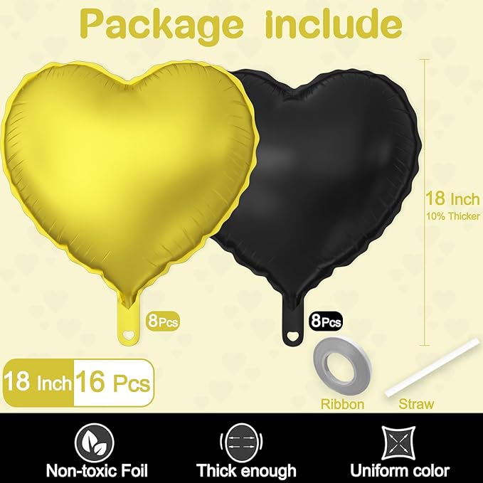 16 Pcs Heart Balloons, 18 Inch Black Gold Love Heart Shaped Foil Balloons for Wedding Anniversary Birthday Party Valentine Decorations Baby Shower Bridal Shower Engagement Decorations Supplies