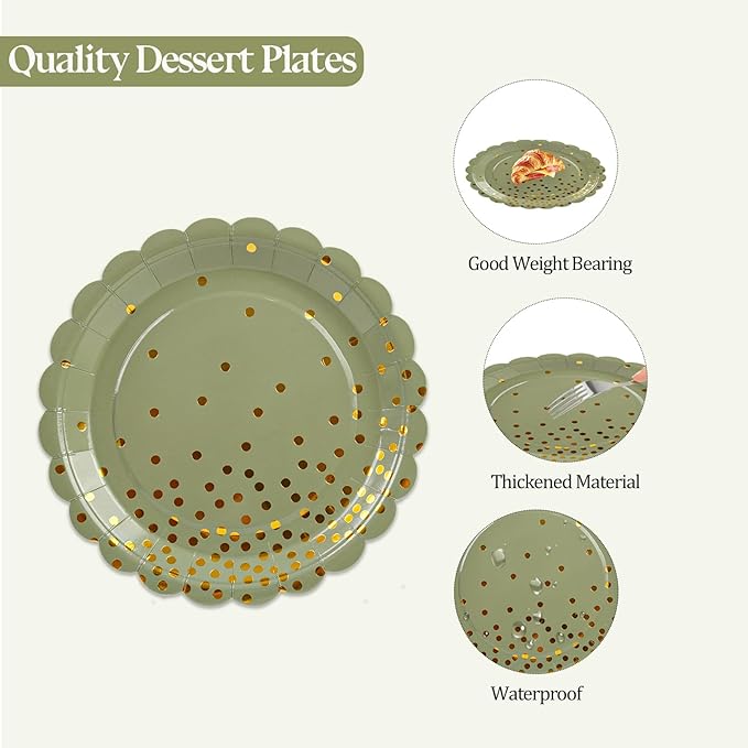 50pcs Sage Green Paper Plates and Napkins Set, 7Inch Sage Green and Gold Dot Disposable Party Plates Set for Baby Shower Birthday Wedding Christmas Party Supplies and Decorations