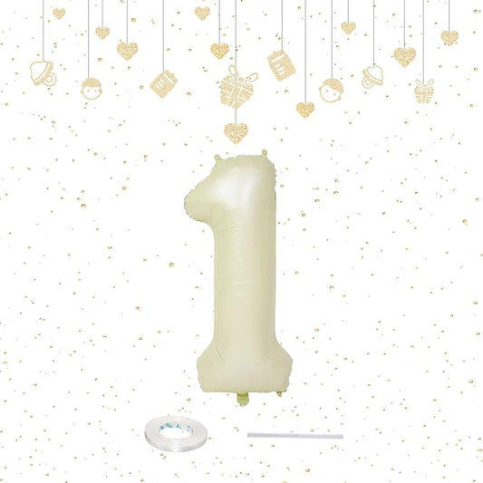 40 Inch Beige Number 1 Balloon for 1st Birthday Decoration,Large Cream White Foil Number Balloons Sign for Boys Girls First Birthday Decorations Anniversary Party Supplies